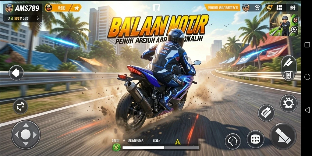 Tampilan gameplay seru di AMS789 dengan aksi balapan motor.