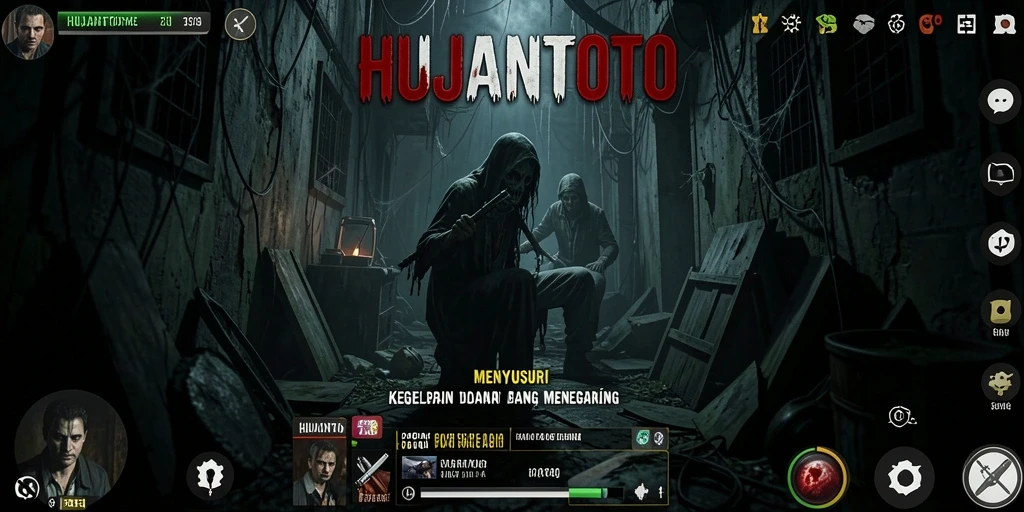 Tangkapan layar HUJANTOTO menampilkan suasana mencekam dan elemen gameplay yang intens.