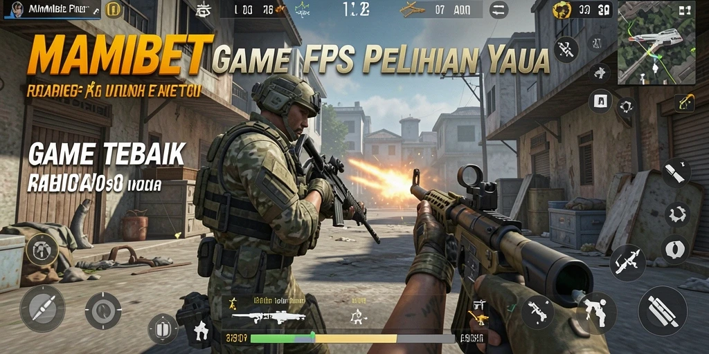 Screenshot utama MAMIBET menampilkan aksi tembak-menembak yang seru di arena FPS.